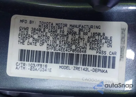 2012 Toyota Corolla Le из США, поврежденный, VIN 5YFBU4EE4CP056848